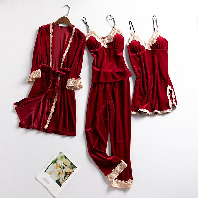 Women New Velvet Pajama Suit Lace